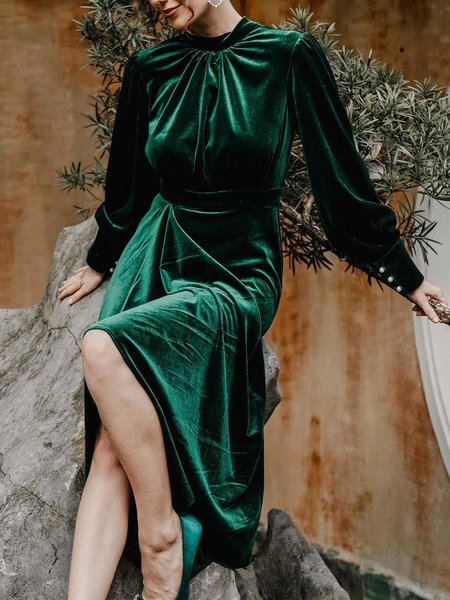 

Elegant Plain Long Sleeve Spring Wedding Dress, Green, Wedding Guest Dresses