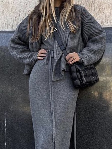 

Elegant Lapel Collar Loose Plain Sweater Coat, Deep gray, Cardigans