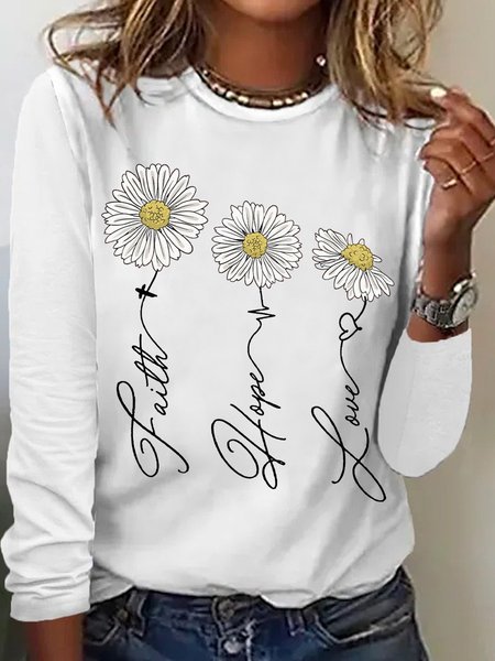 

Womens Faith Hope Love With Daisy Long Sleeve T-Shirt, White, Long sleeves