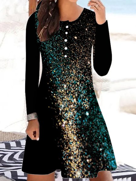 

Women's Green And Gold Spark Regular Fit Casual Crew Neck Dress, Golden, Dresses