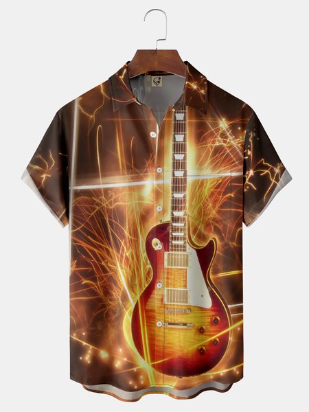 

Music Guitar Chest Pocket Short Sleeve Casual Shirt, Brown, Men Shirts
