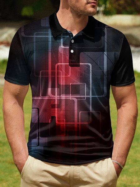 

3D Gradient Geometric Button Short Sleeve Polo Shirt, Black, Polo Shirts