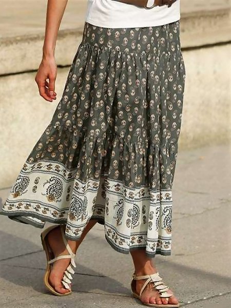 

Ethnic Style Skull Print Maxi Skirt, Gray, Skirts