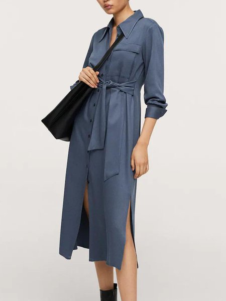 

Shirt Collar Urban Midi Plain Daily Dress, Blue, Midi Dresses