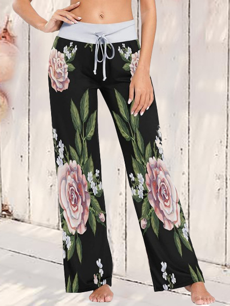 

Casual Floral Loose Sweatpants, Black, Pants