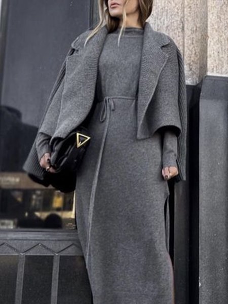 

Elegant Regular Fit Boat Neck Long sleeve Dress, Deep gray, Midi Dresses