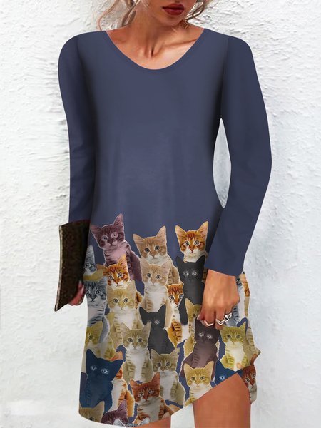 

Women's Crew Neck Regular Fit Casual Funny Cat Dress, Blue, Dresses