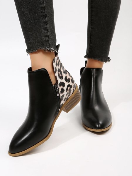 

Stylish Leopard Patchwork Chunky Heel Booties, Black, Boots