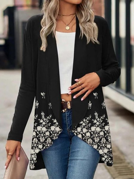 

Floral Shawl Collar Loose Casual Other Coat, Black, Cardigans