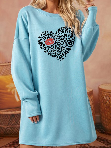 

Women's Valentine's Day Leopard Heart Lips Kiss Sweatshirt Dress, Light blue, Dresses