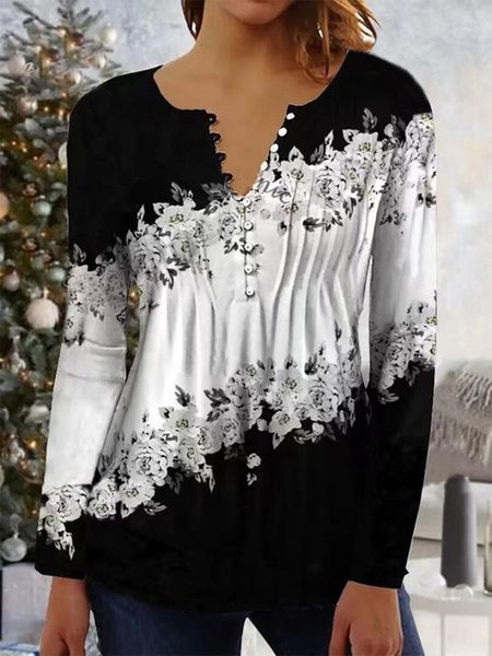 

Regular Fit Casual Ruched Floral Color Block T-Shirt, Black-white, Tunics