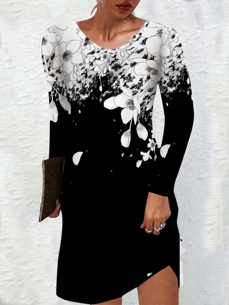 

Women's Flower Art Print Crew Neck Casual Dress, Black, Dresses