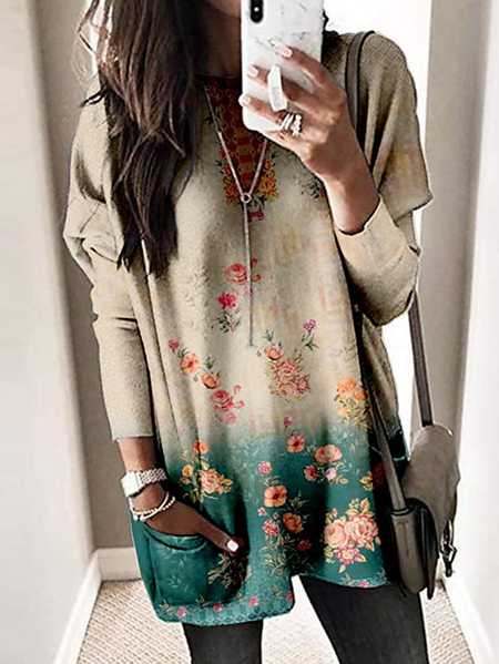 Floral Casual Cotton-Blend T-Shirt, Green, T-Shirts