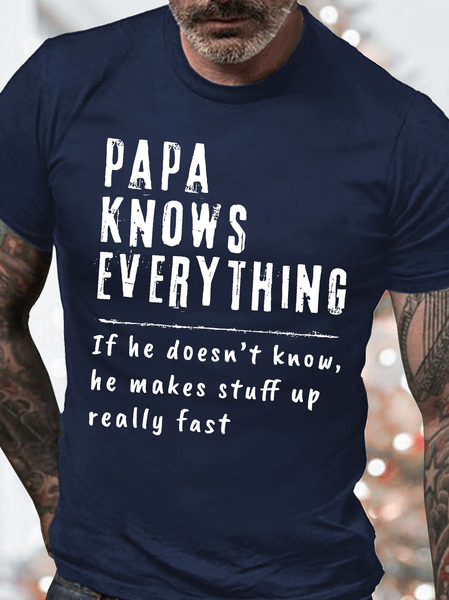 

Men's Papa Knows Everthing Funny Graphic Print Casual Cotton Loose Text Letters T-Shirt, Purplish blue, T-shirts