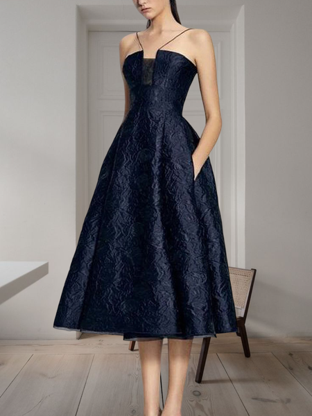 

Spaghetti Plain Elegant Regular Fit Party Dress, Blue, Midi Dresses