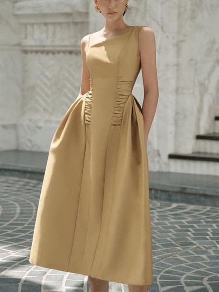 

Plain Regular Fit Elegant Crew Neck No Elasticity Dress, Apricot, Maxi Dresses