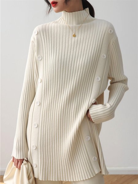 

Long sleeve Daily Turtleneck Loose Elegant Sweater, Off white, Pullovers