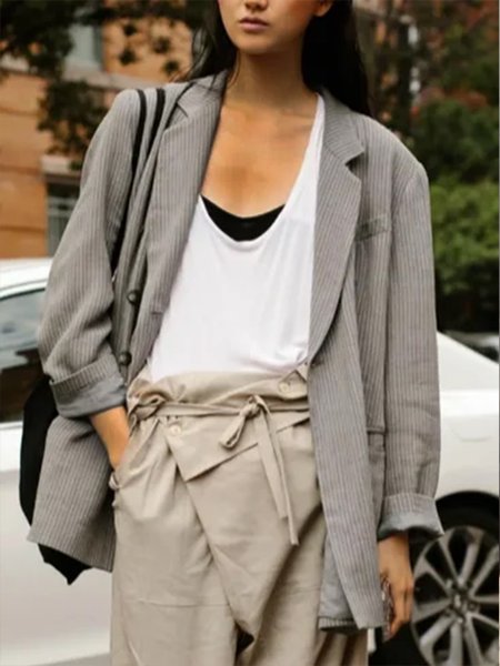 

Loose Striped Casual Cross Neck Blazer, Gray, Clothing