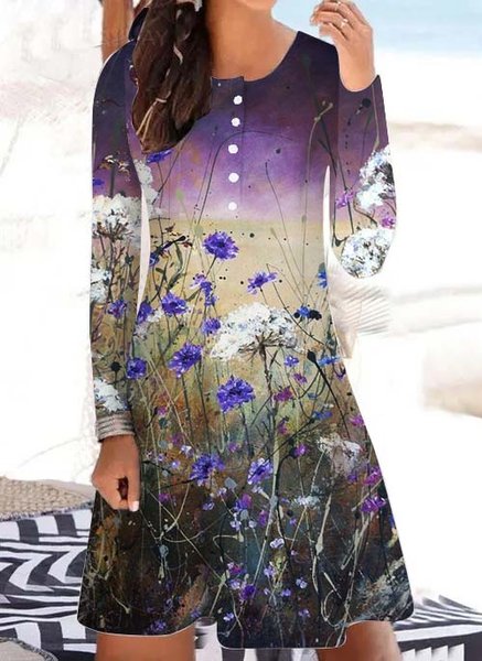 

Women's Vintage Art Flower Casual Crew Neck Dress, Purple, Dresses