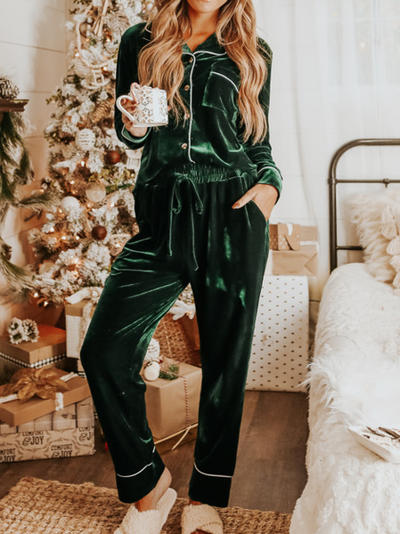 Shirt Collar Plain Casual Two-Piece Set, Green, Suit Set