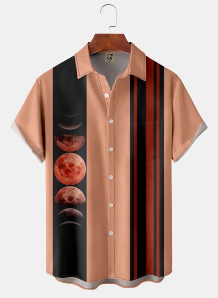 

Moon Chest Pocket Short Sleeve Bowling Shirt, Coral, Men Shirts