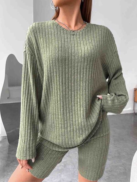 Casual Plain Crew Neck Two-Piece Set, Green, Suit Set
