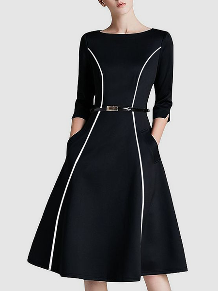 

Elegant Crew Neck Three Quarter Color Block Midi Dress, Black, Midi Dresses