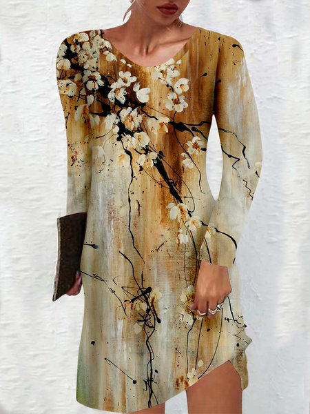 

Women's Vintage Art Flowers Print Casual Dress, As picture, Dresses