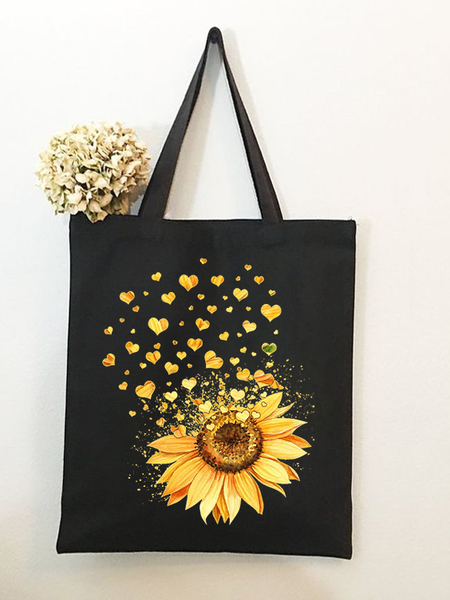 

Sunflowers Plant Graphic Casual Shopping Tote Bag, Black, Bags