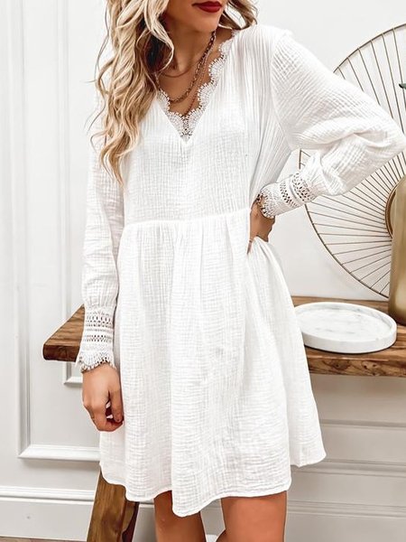 

V Neck Lace Casual Dress, White, Mini Dresses
