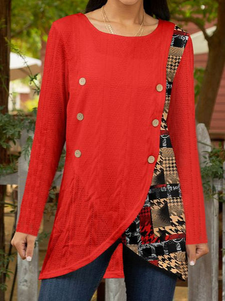 

Loose Casual Geometric Crew Neck Top, Red, Tunics