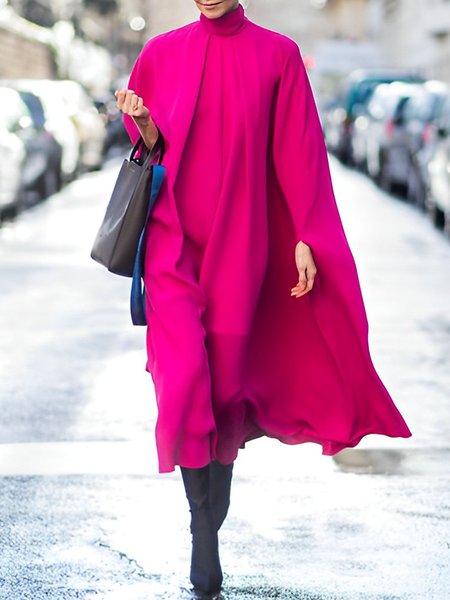 

Elegant Loose Stand Collar Plain Dress, Rose red, Midi Dresses