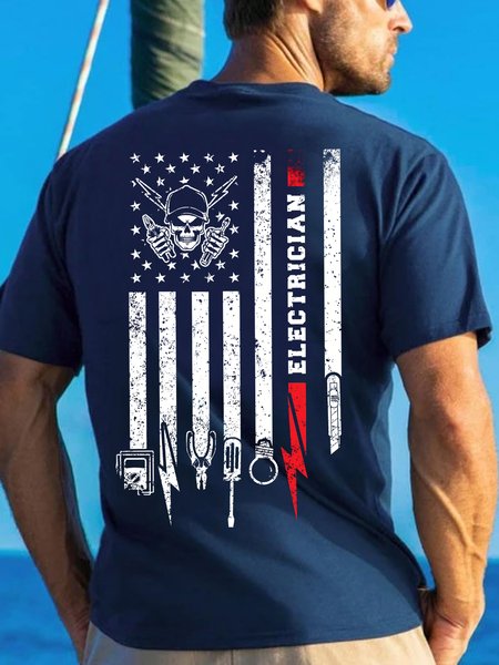 

Men's Electrician Funny Graphic Print America Flag Loose Cotton Casual T-Shirt, Purplish blue, T-shirts