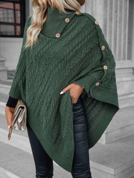 

Casual Yarn/Wool Yarn Plain Turtleneck Cloak Sweater, Green, Sweaters