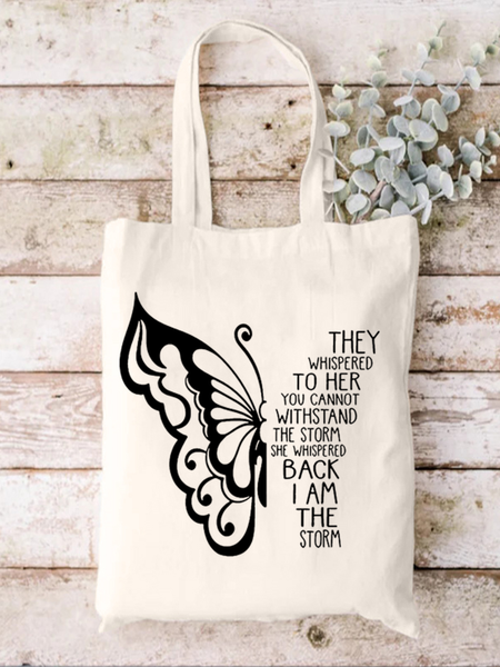 

They Whispered To Her Text Letter Shopping Tote, White, Bags