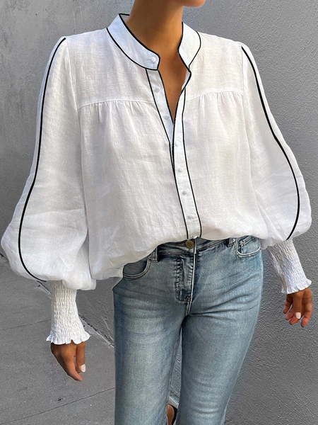 

Loose Urban Color Block Long sleeve Stand Collar Blouse, White, Blouses and Shirts