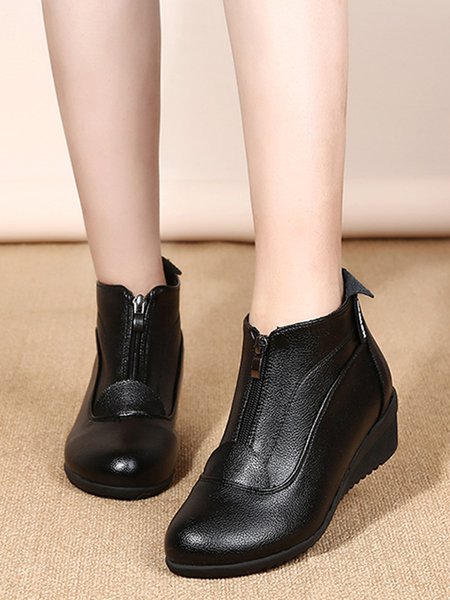 Soft Leather Zip-Up Wedge Booties, Black, Boots