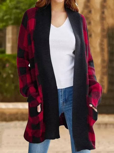 

Casual Others Loose Plaid Overcoat, Black-red, Cardigans