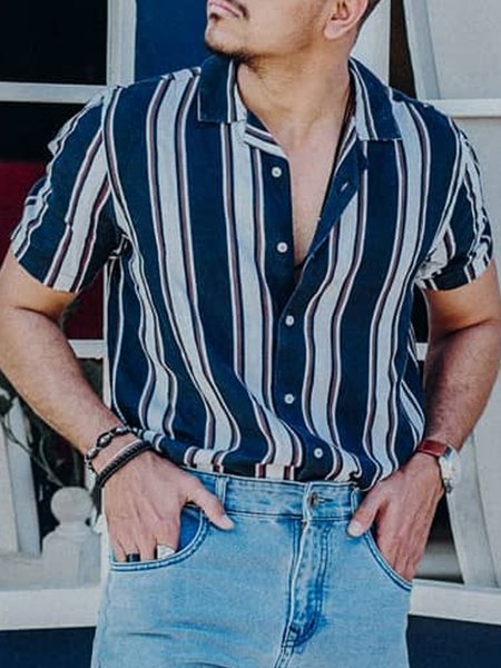 

Striped Short Sleeve Casual Shirt, Black, Men Shirts