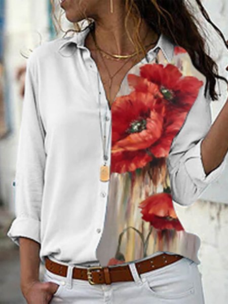 

Shawl Collar Floral Buttoned Blouse, White, Shirts & Blouses