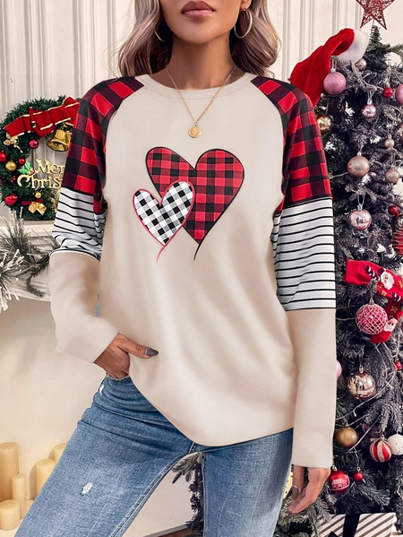 

Casual Crew Neck Loose Color Block T-Shirt, Apricot, Tops
