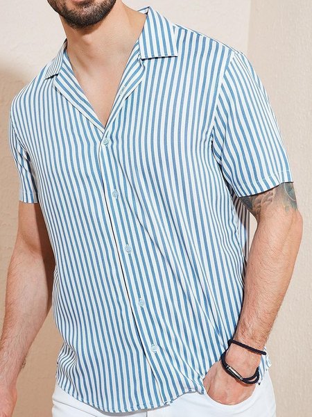 

Striped Short Sleeve Camp Shirt, Blue, Men Shirts