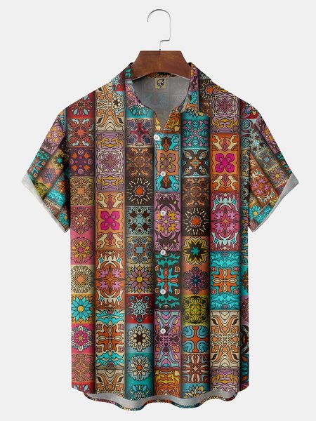 

Ethnic Chest Pocket Short Sleeve Casual Shirt, Brown, Men Shirts