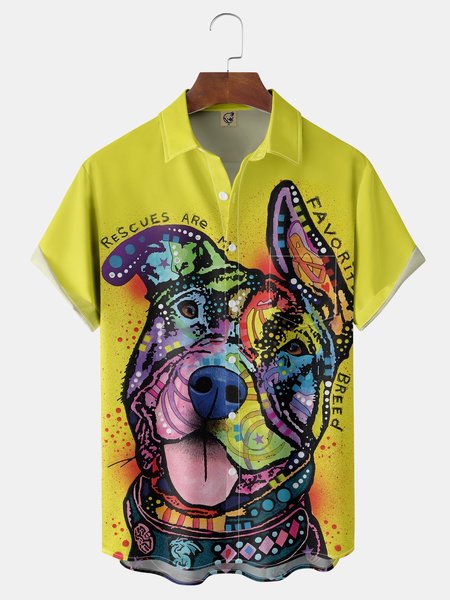 

Dog Illustration Chest Pocket Short Sleeve Casual Shirt, Yellow, Men Shirts