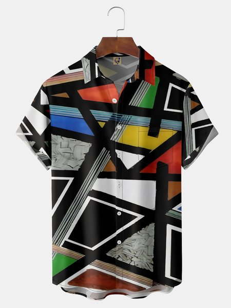 

Geometry Chest Pocket Short Sleeve Casual Shirt, Black, Men Shirts