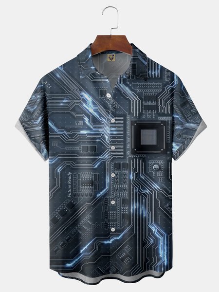 

Memory Chip Chest Pocket Short Sleeve Casual Shirt, Blue, Men Shirts