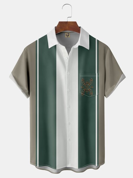 

Moroccan Amazigh Symbol Chest Pocket Short Sleeve Bowling Shirt, Green, Men Shirts