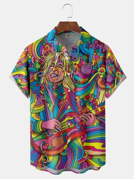 

Hippies Music Chest Pocket Short Sleeve Casual Shirt, Blue, Men Shirts
