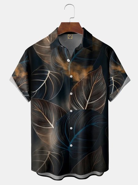 

Golden Leaf Chest Pocket Short Sleeve Casual Shirt, Black, Men Shirts