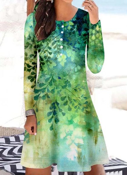 

Women's Art Leaf Print Casual Crew Neck Dress, Green, Dresses